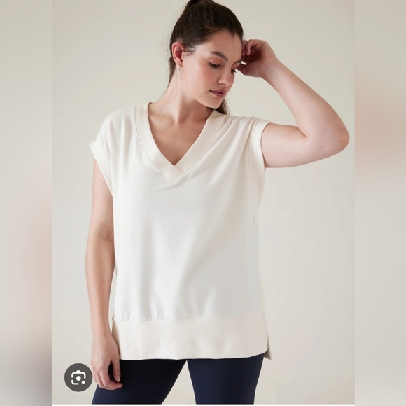ATHLETA Retroterry V-Neck Sweatshirt Tee Sweater Vest Ivory Cream Size Sp - Picture 1 of 11